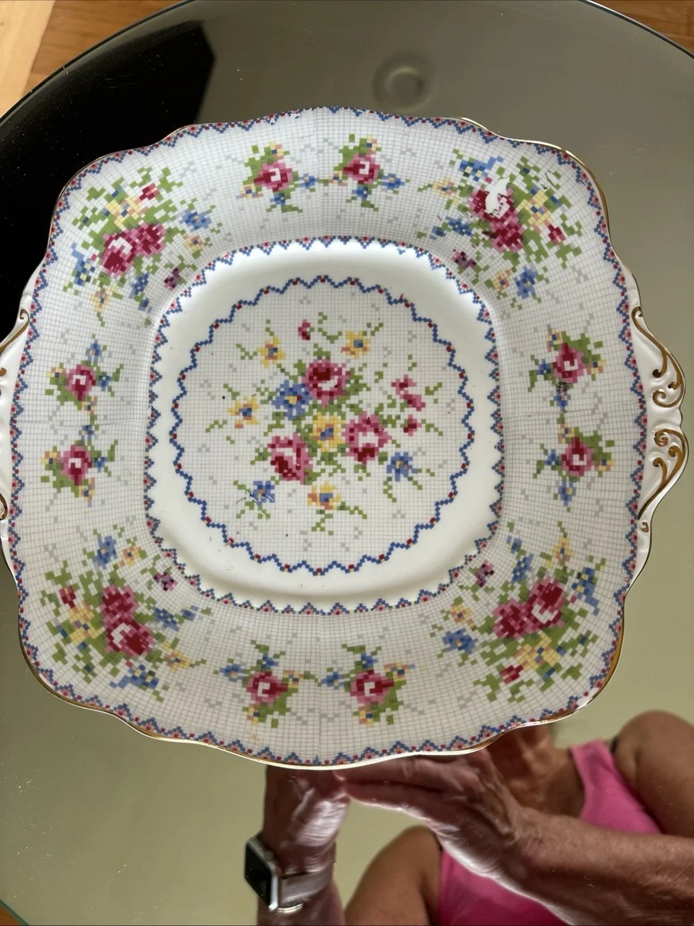 Vintage Royal Albert Gold Trimmed Cake Plate Petit Point Cross Stitch Pattern